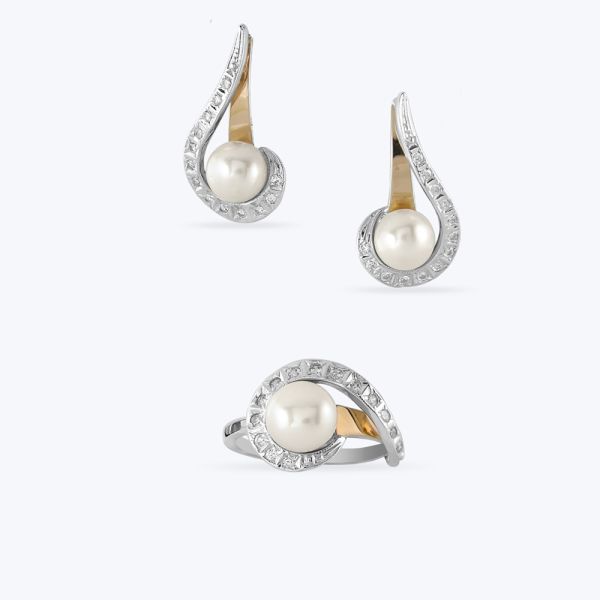 Комплект срібний з золотою накладкою, фіанітами та перлиною 231