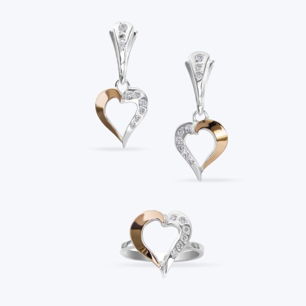 Комплект срібний з золотою накладкою і фіанітами "Сердечка" 453