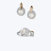 Комплект серебряный с золотой накладкой, фианитами и жемчугом 631