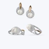 Комплект серебряный с золотой накладкой, фианитами и жемчугом 631