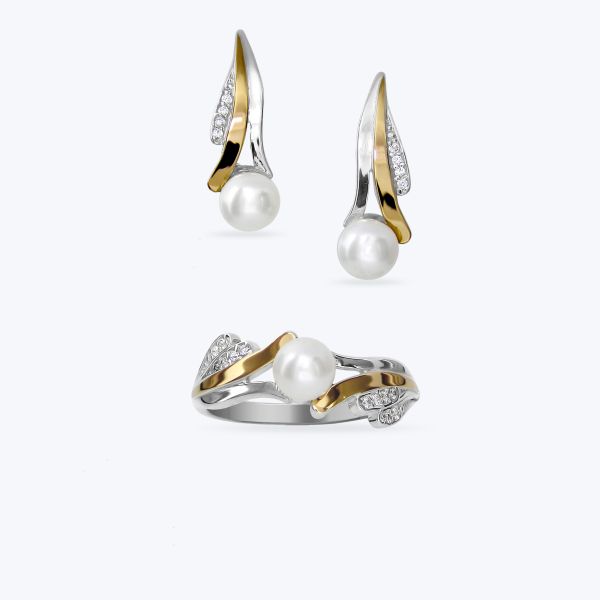 Комплект срібний з золотою накладкою та перлинками 633