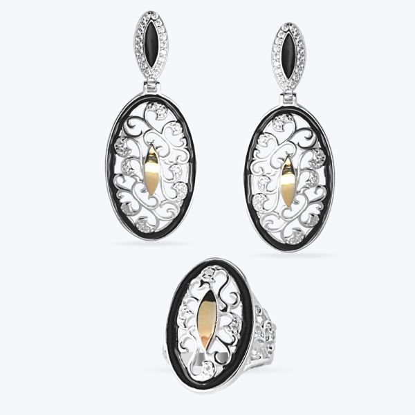 Комплект срібний з золотою накладкою, фіанітами та емаллю 479