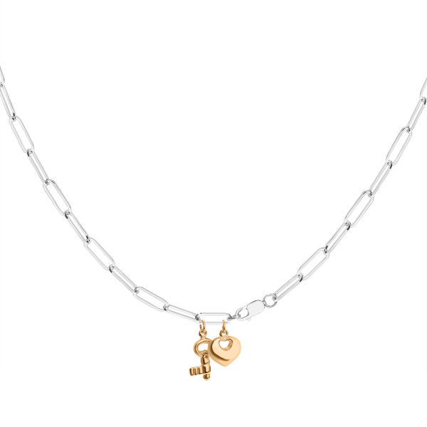 Кольє срібне родоване з сердечком та позолоченим ключиком 1034