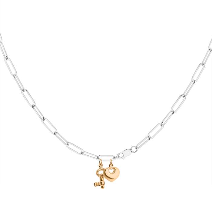 Кольє срібне родоване з сердечком та позолоченим ключиком 1034