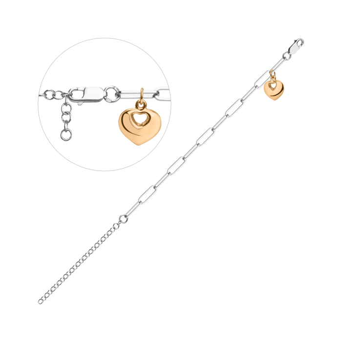 Браслет срібний родований і позолоченим сердечком з подовжувачем 454/1
